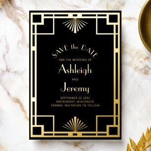 1920er Deco Schwarz Gold Hochzeit Save the Date Folieneinladung
