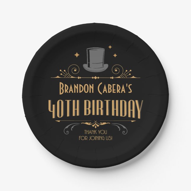 1920er Jahre Art Deco Black & Gold 40th Birthday P Pappteller (Vorderseite)