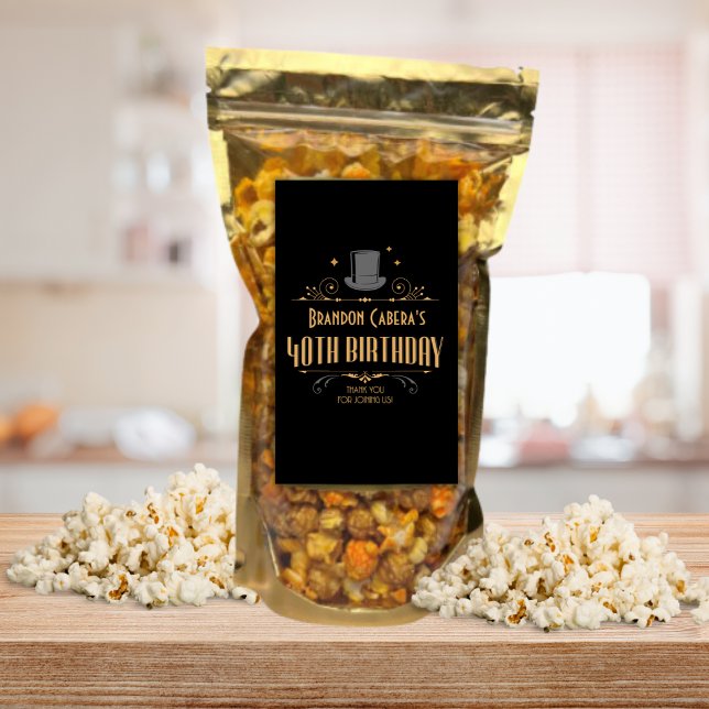 1920er Jahre Art Deco Black & Gold 40th Birthday P Rechteckiger Aufkleber (speakeasy popcorn label 40th birthday custom name favor label gold and grey mens bday party sticker)