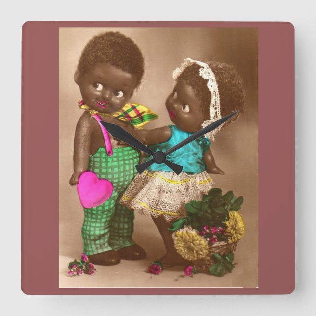 1920s Black Dolls in Love Quadratische Wanduhr (Vorderseite)