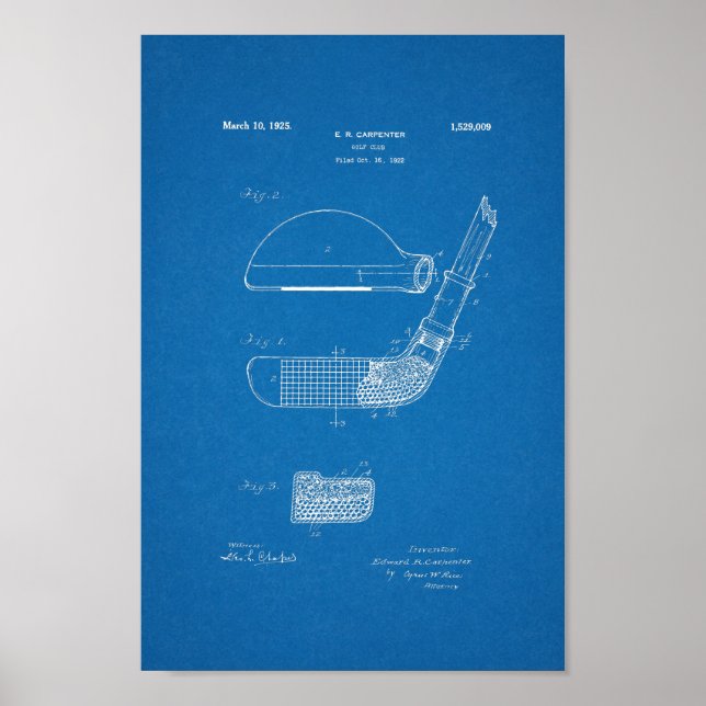 1925 Vintager Golfclub Patentschrift Blueprint Art Poster (Vorne)