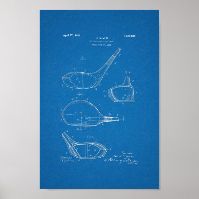 1926 Vintager Golfclub Patent Blueprint Art Print Poster (Vorne)