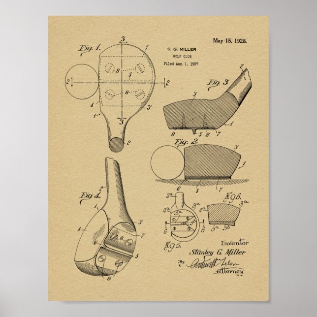 1928 Golf Club Head Patent Art Zeichnend Print Poster (Vorne)