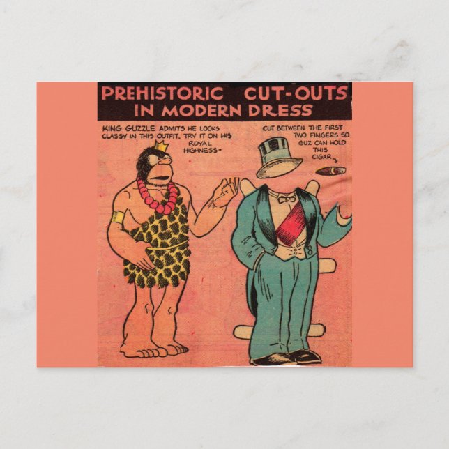 1930er Comic Höhle Mann Papierpuppe King Guzzle Postkarte (Vorderseite)