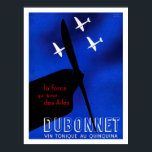1930er Jahre Art-Deco Aviation Poster<br><div class="desc">DUBONNET. Illustrierter Druck in Blau, Schwarz, Weiß und Rot in einem Maronmatte-Werbeschrank. Blauer Hintergrund mit schwarzer Silhouette der Nase eines Flugzeug und Propeller vorne und drei weiße, fast silhouetted Flugzeuge in der Entfernung. Volltext: "DUBONNET" in Serifenschrift, dreidimensionaler Schriftart mit dem Hintergrund durch die Buchstaben sichtbar. Unten in weißem serifenem Schriftart:...</div>