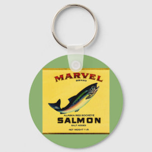 1930er Jahre Marvel Lachs kann etikettieren Schlüsselanhänger