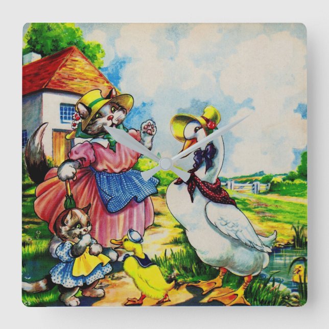 1930s mama kitty cat and baby kitty visit ducks quadratische wanduhr (Vorderseite)