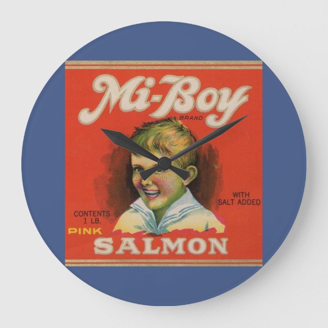 1930s Mi-Boy pink salmon can label Große Wanduhr (Vorderseite)
