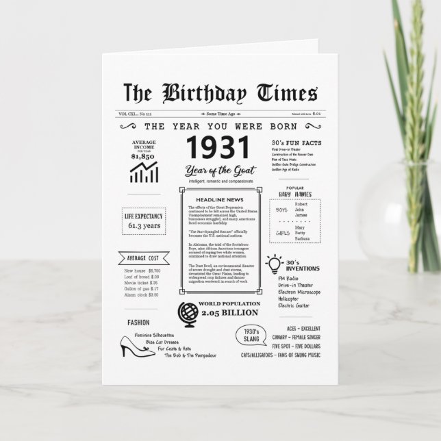 1931 L'Année De Votre Naissance Carte D'Anniversai (Devant)