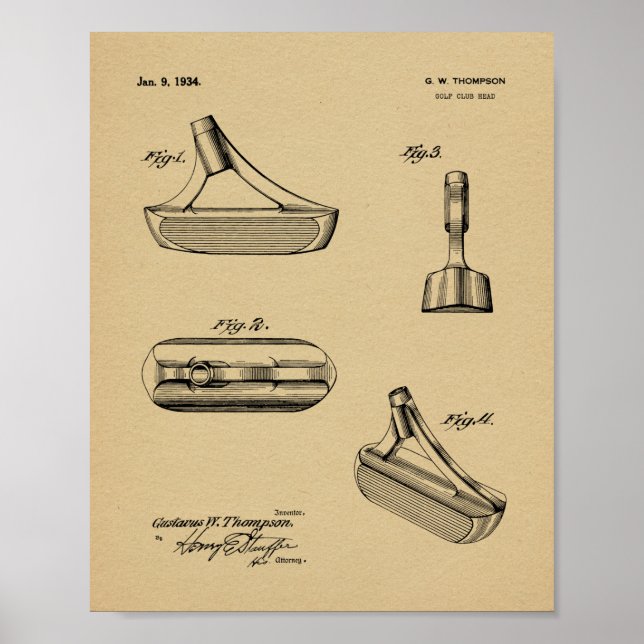 1934 Putter Golf Club Patentkunst Zeichnend Printw Poster (Vorne)