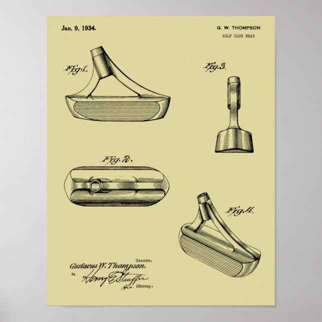 1934 Putter Golf Club Patentkunst Zeichnend Printw Poster (Vorne)