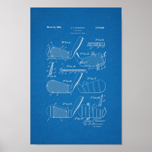 1936 Vintager Golfclub Patent Blueprint Art Print Poster (Vorne)