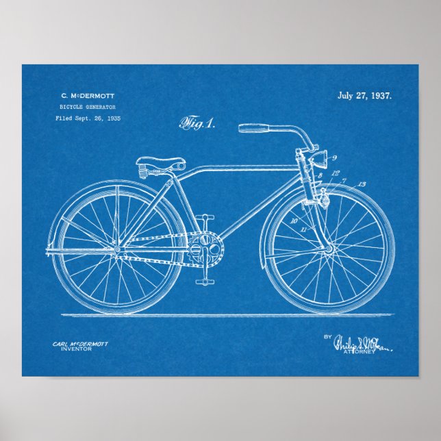 1937 Bicycle Headlamp Design Patent Art Print Poster (Vorne)