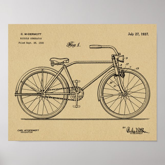 1937 Bicycle Headlamp Design Patent Art Print Poster (Vorne)
