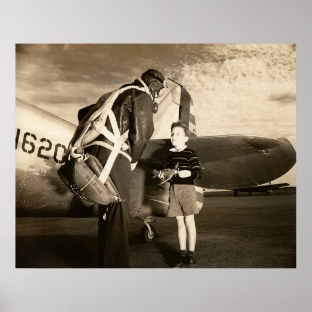 1940 amerikanischer Militärpilot und kleiner Junge Poster (Vorne)