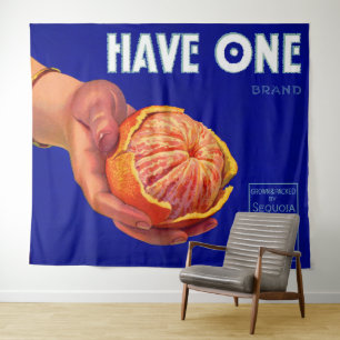 1940er Jahre haben ein orangefarbenes Etikett Wandteppich