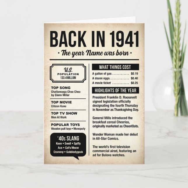 1941 Back in the Day, Fun Facts, 85th Birthday Karte (Vorderseite)
