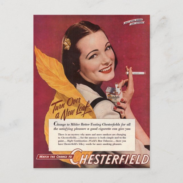 1944 Chesterfield Zigaretten und mit hübscher Dame Postkarte (Vorderseite)
