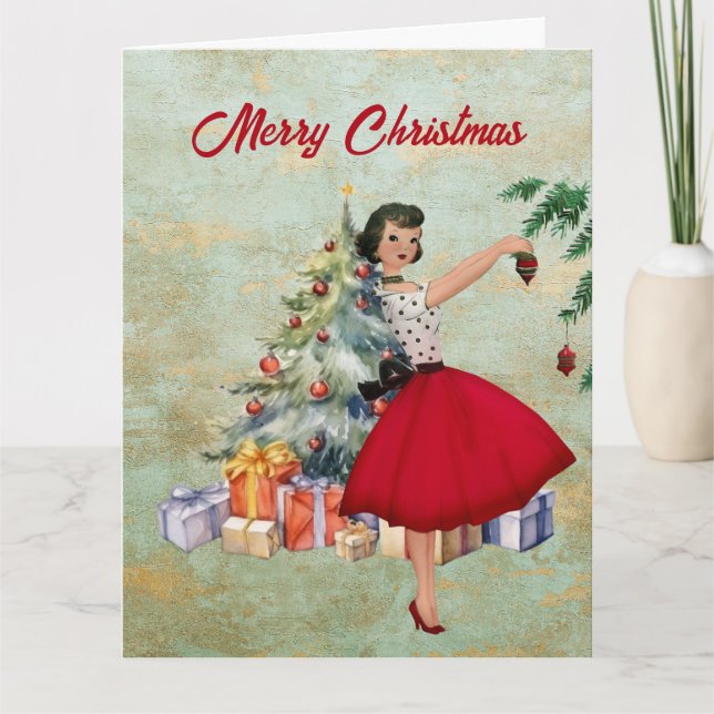 1950 Christmas Woman with Christmas Tree Karte (Vorderseite)