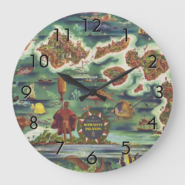 1950 Einfache Karte von Hawaii Joseph Feher Dark Große Wanduhr (Vorderseite)