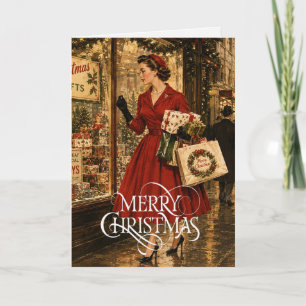 1950 Frau beim Weihnachtseinkauf Karte
