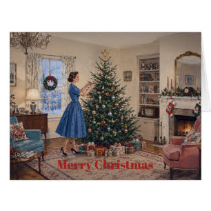 1950 Lady schmückt Weihnachtsbaum Frohe Weihnachte