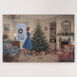 1950 Lady schmückt Xmas Baum Frohe Weihnachten