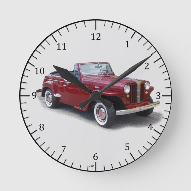 1950 rote Jeepster-Uhr oben an der Wand Runde Wanduhr (Vorderseite)