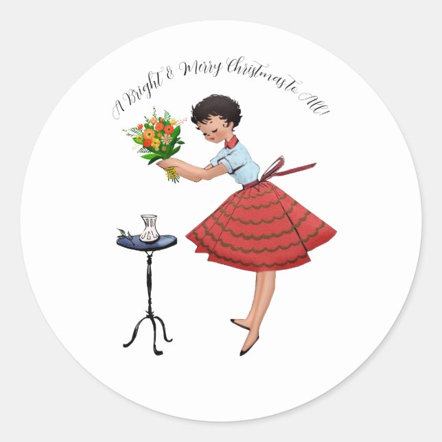 1950 Vintage Dame mit Blume Runder Aufkleber (Vorderseite)