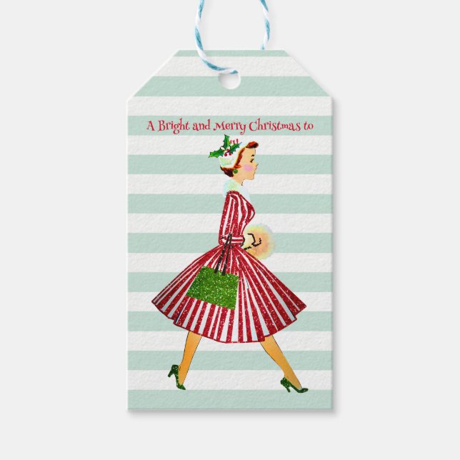 1950 Vintage Frau mit Weihnachtsgrüßen Geschenkanhänger (Vorderseite)