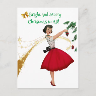 1950 Vintage Lady Dekorieren Weihnachtsbaum Feiertagspostkarte