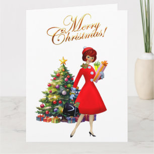 1950 Vintage Lady Frohe Weihnachten Dankeskarte