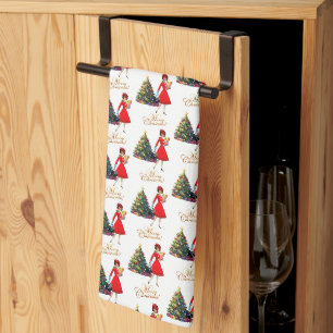 1950 Vintage Lady Frohe Weihnachten Geschirrtuch