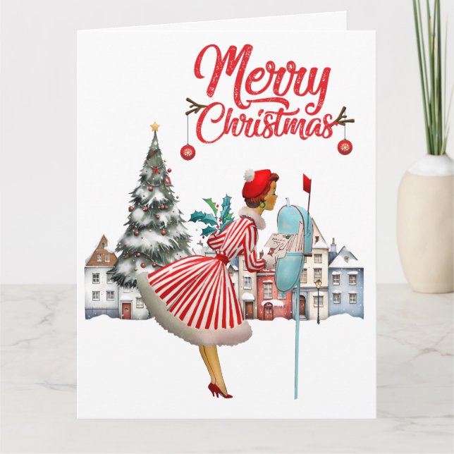 1950 Vintage Lady Posting Weihnachtsgrüße Karte (Vorderseite)