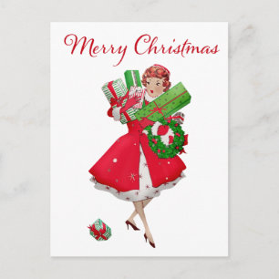 1950 Vintage Lady Weihnachtseinkäufe Postkarte