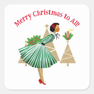 1950 Vintage Lady Weihnachtsgrüße Quadratischer Aufkleber