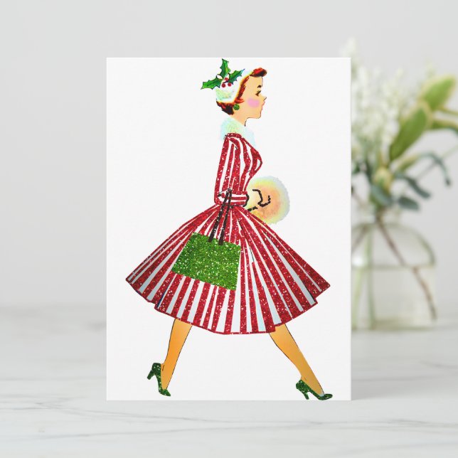 1950 Vintage Weihnachtsfrau Einladung (Stehend Vorderseite)