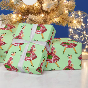 1950 Vintage Weihnachtsfrau Geschenkpapier