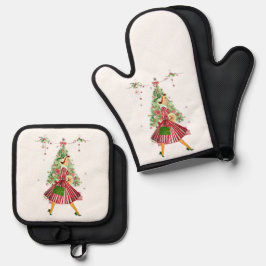 1950 Vintage Weihnachtsfrau Ofenhandschuh & Topflappen-Set