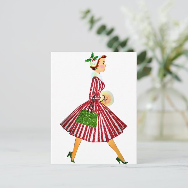 1950 Vintage Weihnachtsfrau Postkarte (Stehend Vorderseite)
