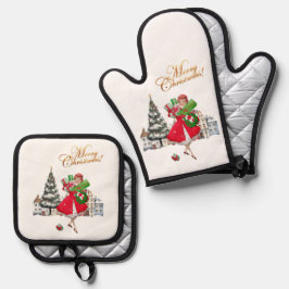 1950 Vintager Weihnachtskauf für Frauen Ofenhandschuh & Topflappen-Set