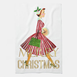 1950 Weihnachten Vintage Lady Frohe Weihnachten Geschirrtuch