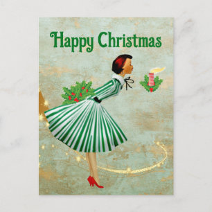 1950 Weihnachtsdame im Vintage-Stil Postkarte