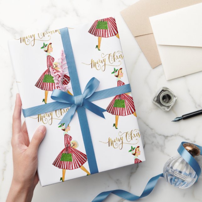 1950 Weihnachtsfrau Frohe Weihnachten Geschenkpapier (Schenken)