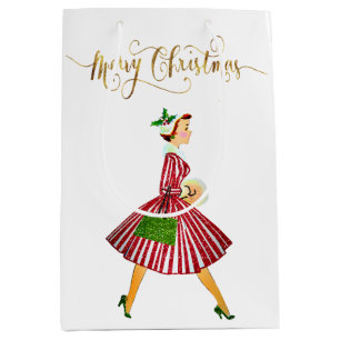1950 Weihnachtsfrau Frohe Weihnachten Mittlere Geschenktüte
