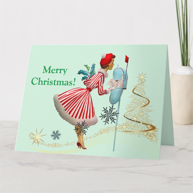 1950 Weihnachtsfrau mit Geschenken Karte (Vorderseite)