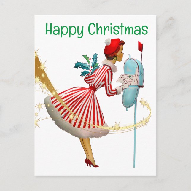 1950 Weihnachtsfrau mit Geschenken Postkarte (Vorderseite)