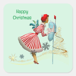1950 Weihnachtsfrau mit Geschenken Quadratischer Aufkleber