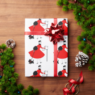 1950 Weihnachtsfrau mit Hund Geschenkpapier