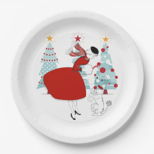 1950 Weihnachtsfrau mit Hund Pappteller